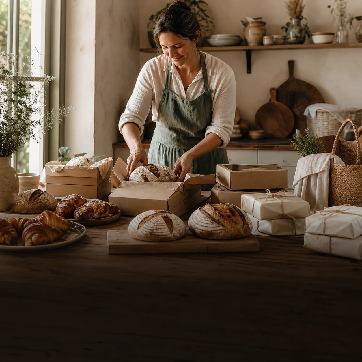 A neighborhood baker preparing fresh bread and packaged customer orders