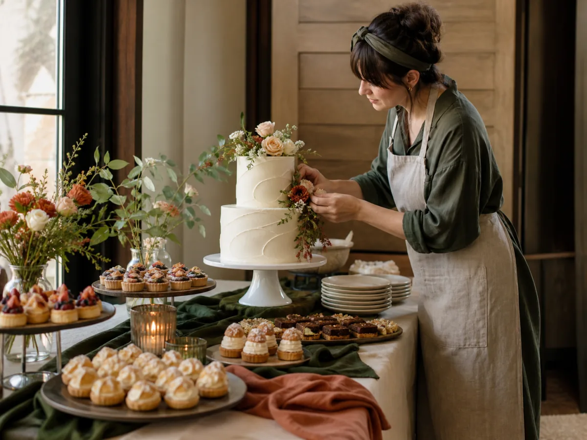 A baker finishing an elegant tiered cake and dessert table for a celebration.