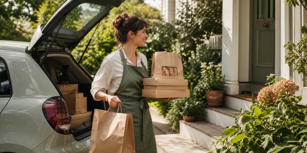 A local baker carrying neatly packed bakery orders from a car to a customer's front porch.