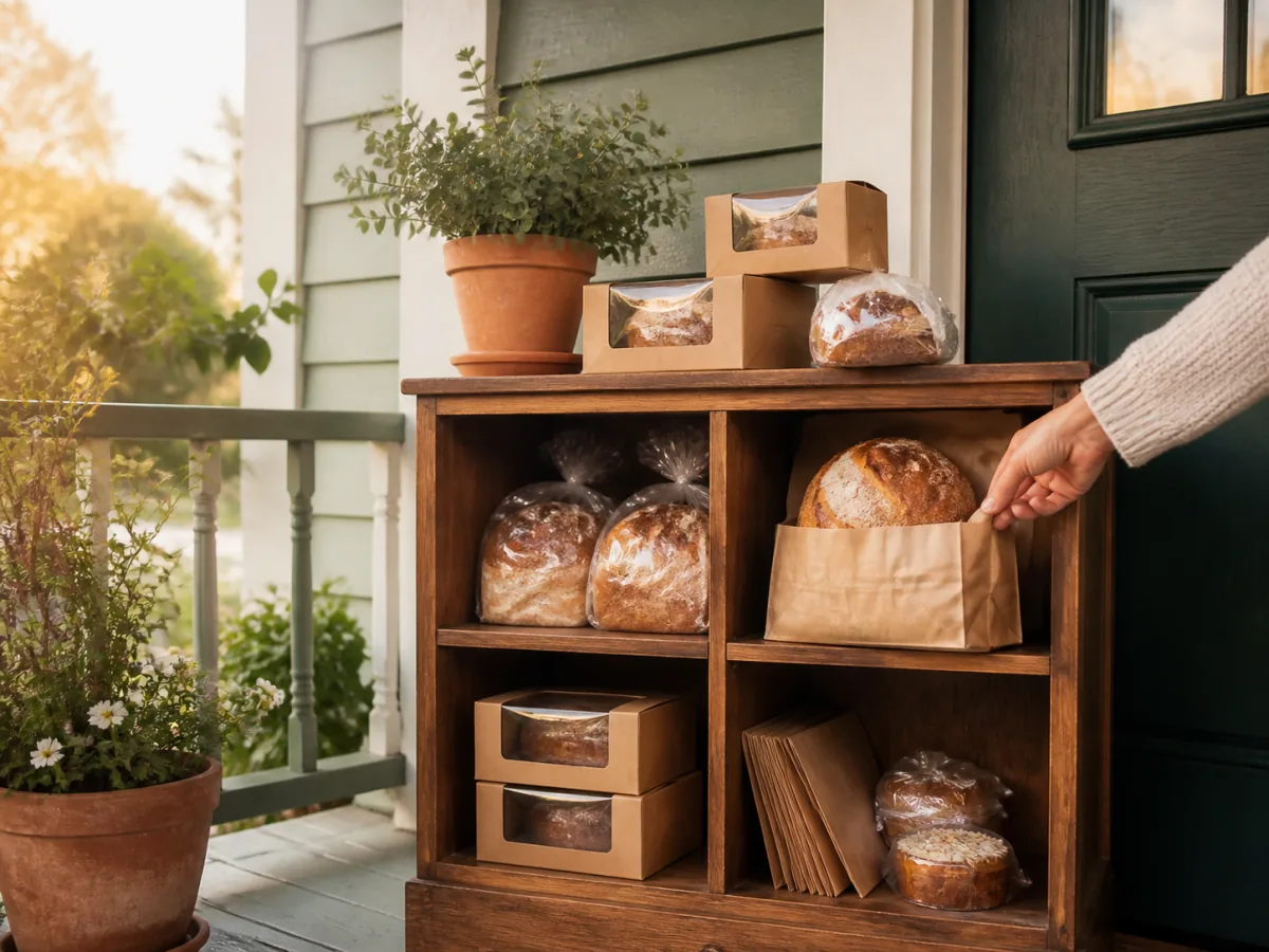 A customer collecting a fresh loaf from an organized porch bakery pickup cabinet.