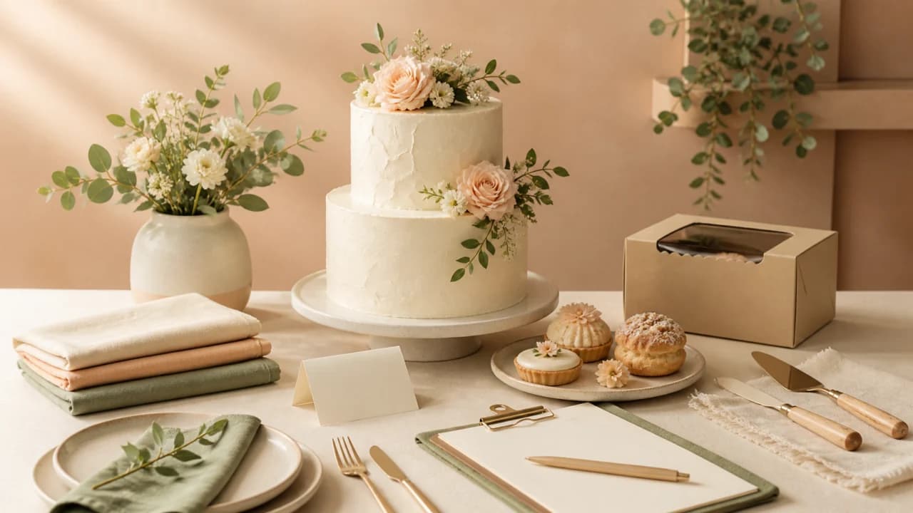 Tiered celebration cake, pastries, place settings, and an event planning clipboard.