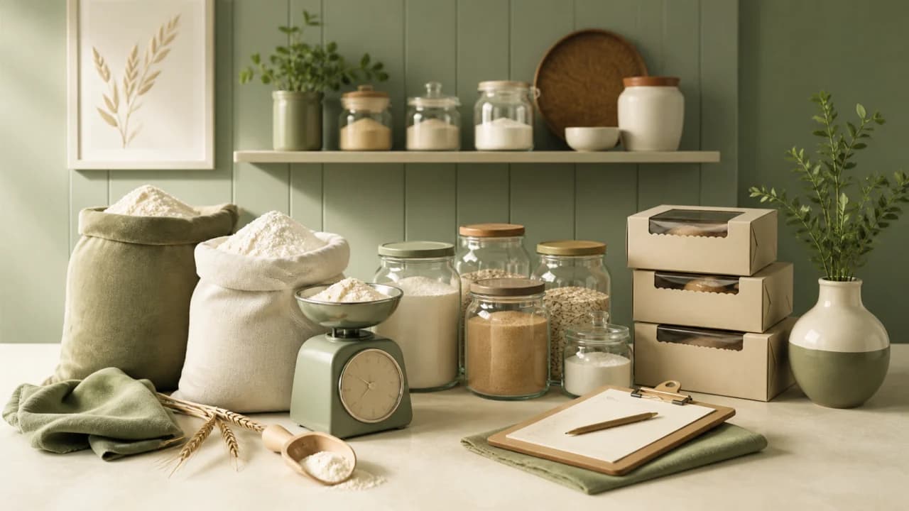 Organized bakery pantry with flour, ingredient jars, a scale, packaging, and a purchasing clipboard.